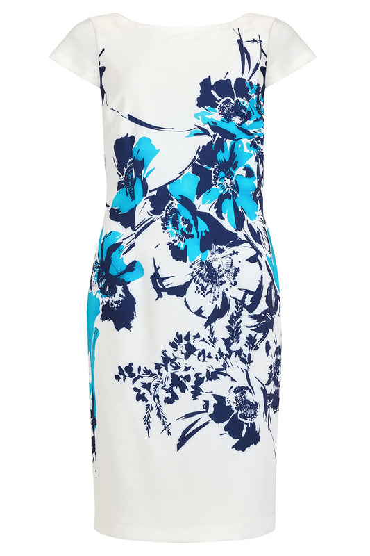 Tia - White Blue Print Capped Sleeve Dress