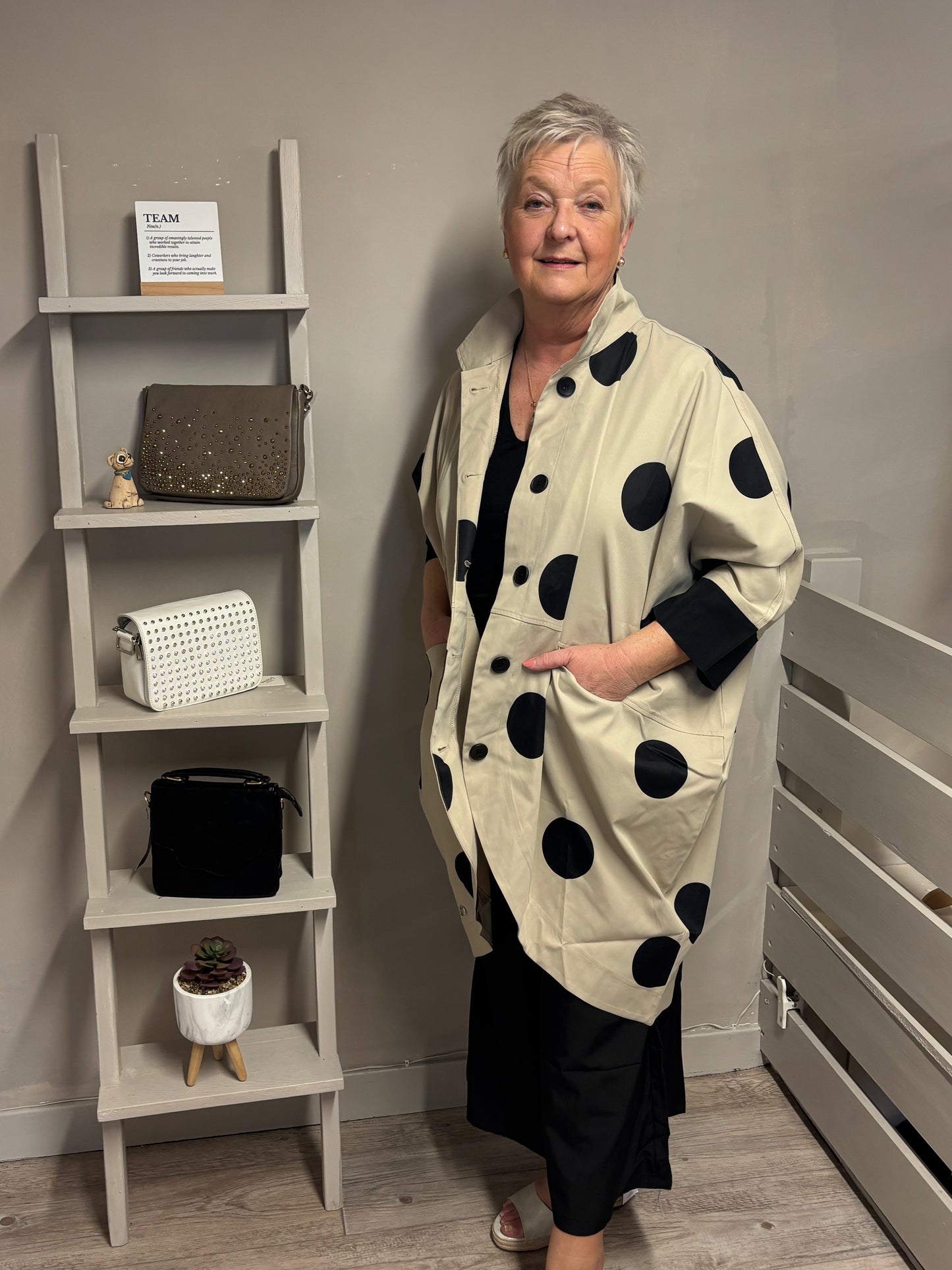 Malissa J Coat with Spot Print - Tan with Black Spots