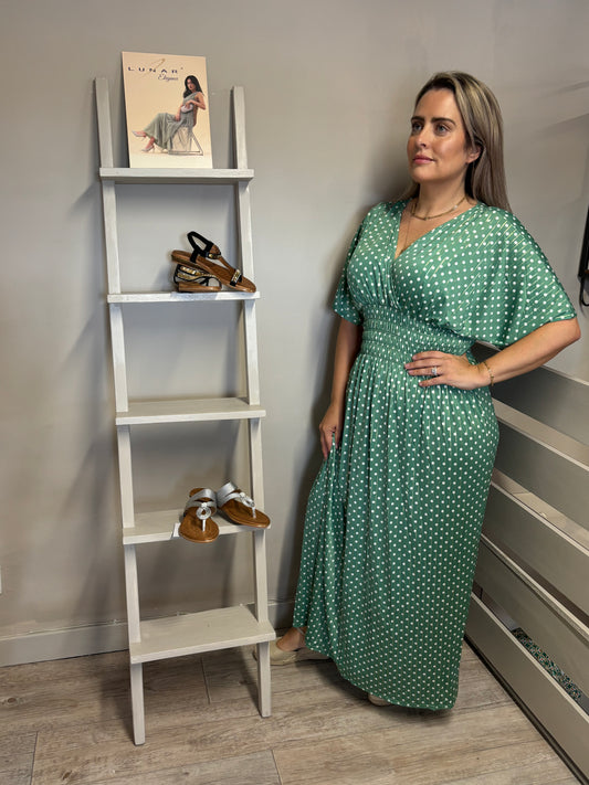 Maxi Dress -Green with White Spots