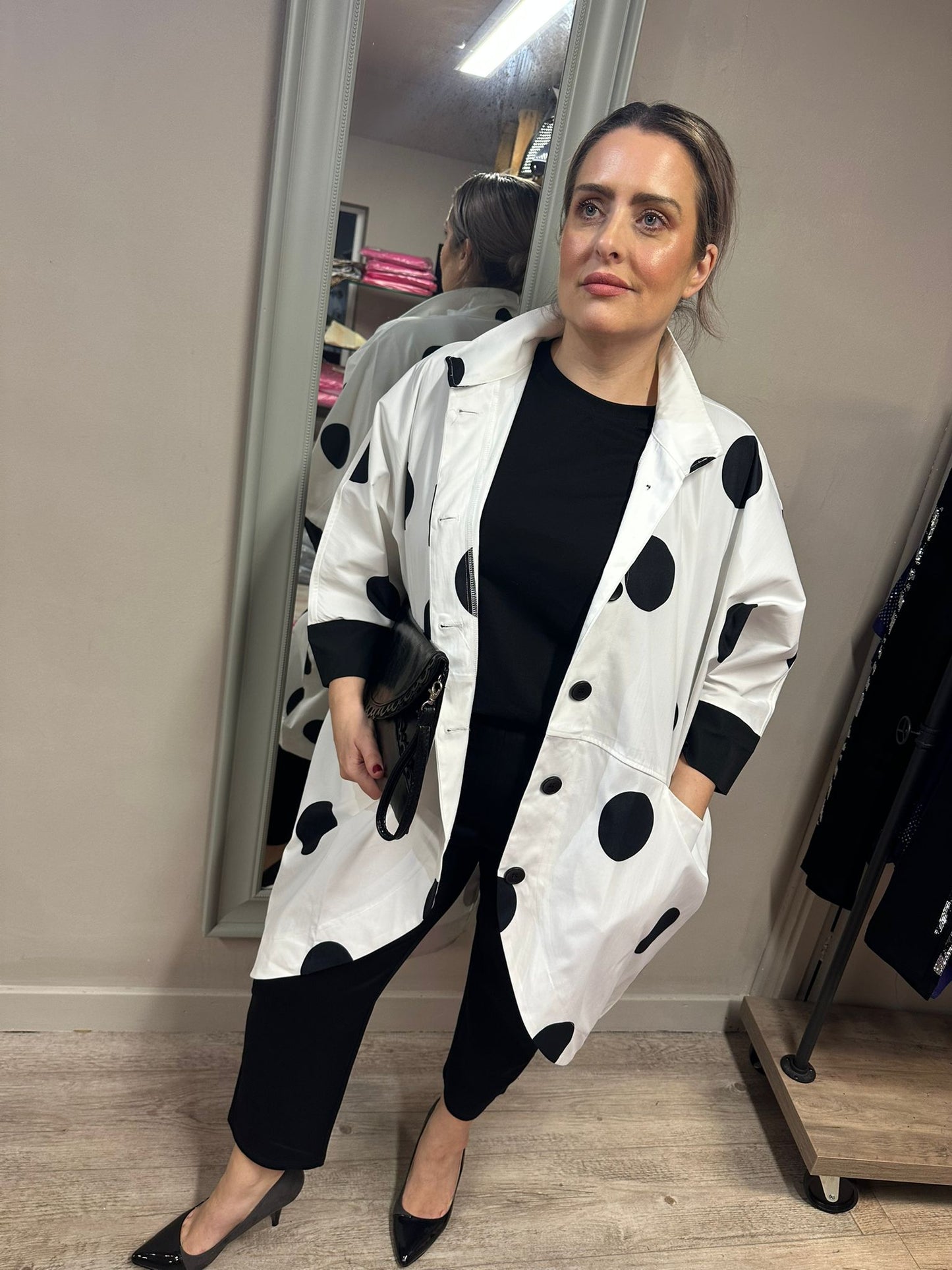 Malissa J Coat with Spot Print - White with Black Spots